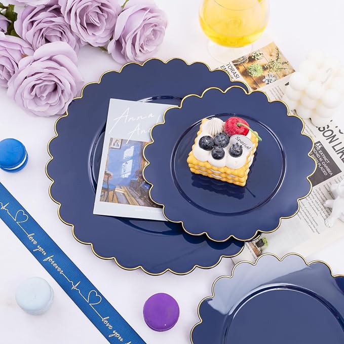 LIYH 60 Pcs Navy Blue Plastic Scalloped Plates with Gold Rim, Blue and Gold Disposable Plates for Party Included 30 Dinner Plate 10.25 30 Dessert Plate 7.5 Inch for Memorial Day,Independence Day