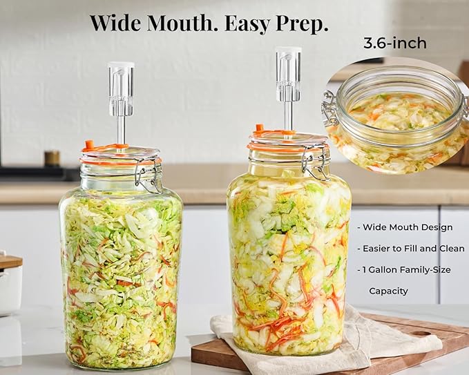 1 Gallon Fermentation Jar, Large Wide Mouth Glass Fermenting Jar with Airlocks for Making Sauerkraut, Kimchi, Pickles, Mead, Cider & More, Pack of 2