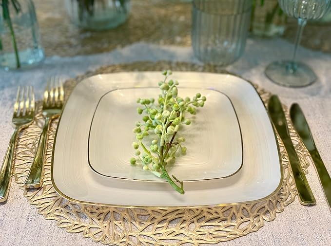 " OCCASIONS " 50 Plates Pack (25 Guests)-Wedding Party Disposable Plastic Plate Set -25 x 10'' Dinner + 25 x 7'' Salad & Dessert plates (Belize Square in Ivory & Gold)
