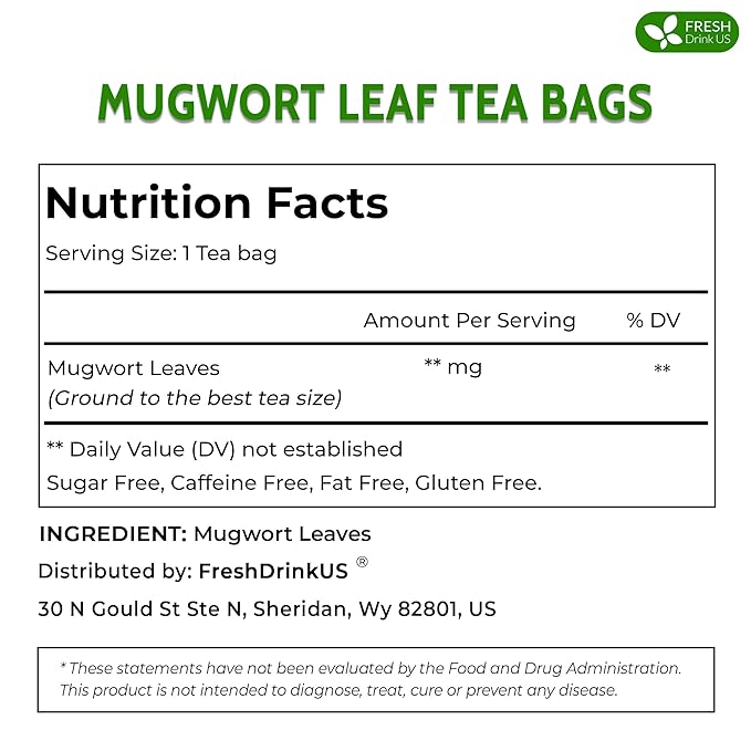 FreshDrinkUS, Premium 60 Mugwort Leaf Tea Bags, 100% Natural and Pure Mugwort Leaves. No Sugar, No Caffeine, No Gluten, Vegan.