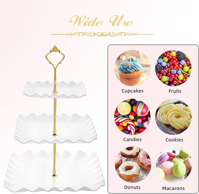 DAFURIET Dessert Cupcake Stand, 3 Tier Cup Cake Holder Tower for Tea Party/Birthday/Wedding, Plastic Tiered Serving Tray with Metal Rod, White