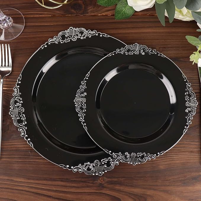 Efavormart 10 Pack | 8" Black and Silver Baroque Dessert Plates, Leaf Embossed Metallic Rim Heavy Duty Appetizer Plates for Industrial Chic Events
