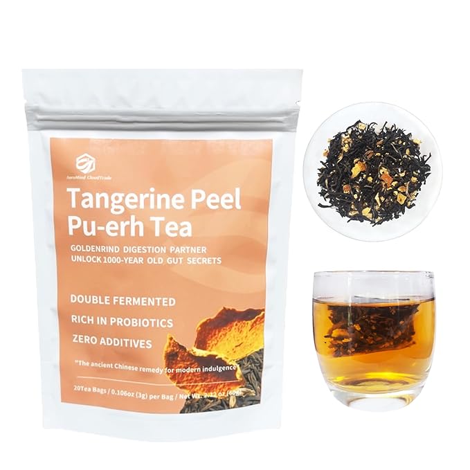 Tangerine Peel Puerh Tea Bags - Chenpi & Puer Herbal Blend for Digestive Aid & Wellness, Ripe fermented Tea with Natural Mandarin Aroma, Traditional Chinese Tea 2.12oz 20 Bags, AeroMind CloudTrade