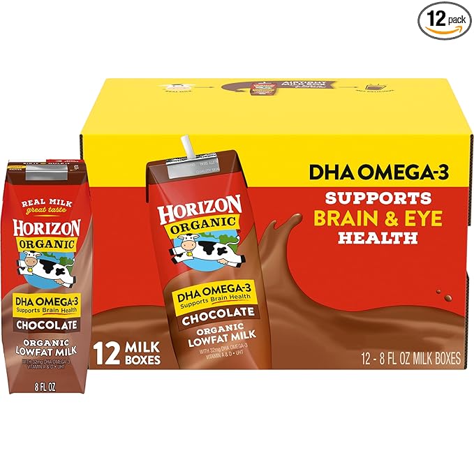 Horizon Organic Shelf Stable 1% Lowfat DHA Omega-3 Chocolate Milk Boxes, Pack of 12 - 8g Protein per Serving