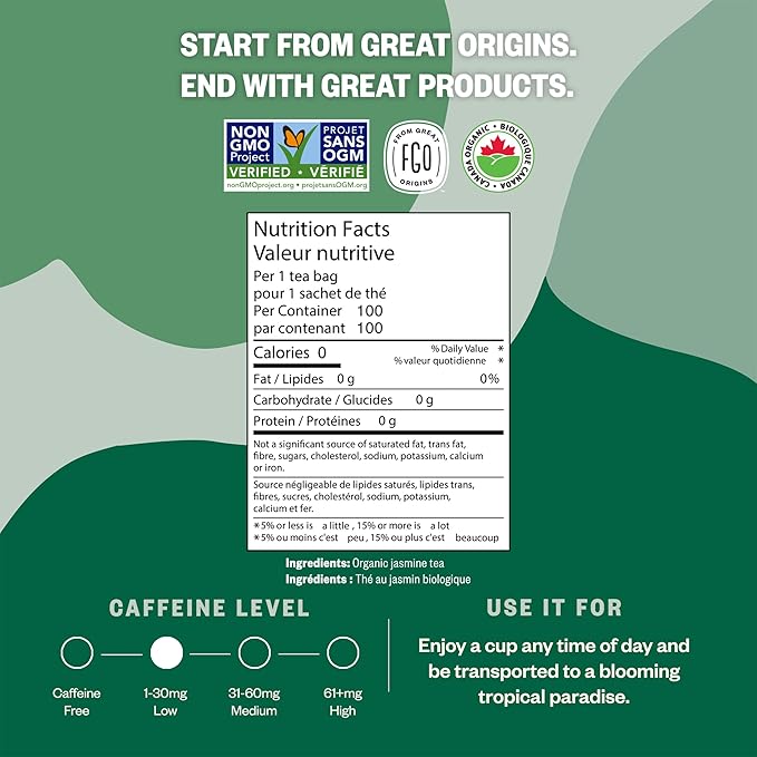 FGO Organic Jasmine Green Tea, 100 Count, Eco-Conscious Tea Bags, Resealable Bag, Packaging May Vary (Pack of 1)