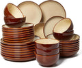 Pokini 32 Piece Double Bowl Dinnerware Sets with Pasta Bowls, Highly Chip and Crack Resistant Plates and Bowls Sets, Natural Earthyware Ceramic Dishware Sets, Service for 8 Brown Yellow