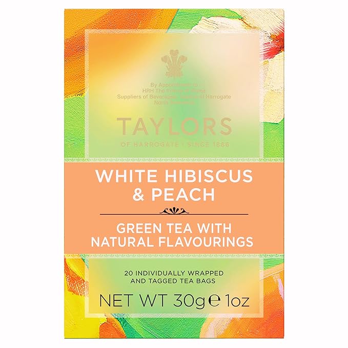 Taylors of Harrogate White Hibiscus & Peach, Green Tea Individually Wrapped Bags, 20 Count, Delicate, Fruity and Sweet, Caffeinated, Enjoy Hot or Iced, 20 Teabags (Pack of 2)