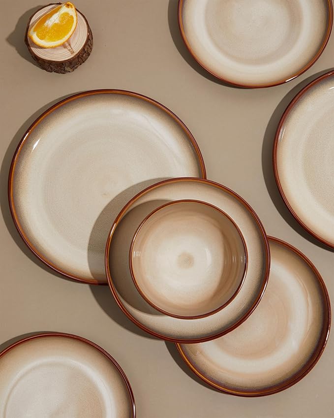 Pokini Stoneware Dinnerware Set Service for 4, 12 pcs Reactive Glaze Plates and Bowls Sets, Handmade Round Dishes Set, Highly Chip and Crack Resistant Modern Plate Set, Brown Yellow