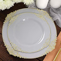 Efavormart 10 Pack | 8" Gray and Gold Baroque Dessert Plates, Leaf Embossed Metallic Rim Heavy Duty Appetizer Plates for Modern Loft Weddings