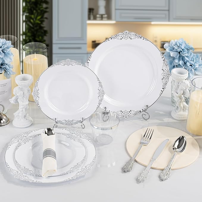 Bestluck 350PCS Silver Plastic Plates for 50 Guests, Disposable Dinnerware Sets Include 100 Silver Rim Plastic Plates, 50 Silverware, 50 Pre Rolled Napkins for Party, Wedding & Decor