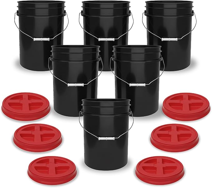 ePackageSupply 5 Gallon Bucket - Food Grade Bucket with Airtight Gamma Seal Screw-On Lid, BPA-Free, Heavy-Duty 90 Mil HDPE Plastic, Bulk Storage, Durable Container, Made in USA, Black/Red, 6 Packs