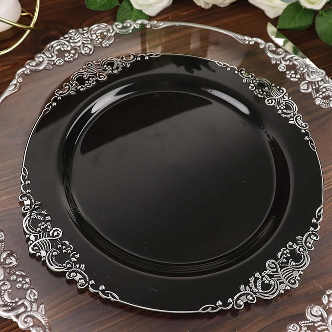 Efavormart 10 Pack | 10" Black and Silver Baroque Dinner Plates, Leaf Embossed Metallic Rim Heavy Duty Serving Plates for Corporate Events and Galas