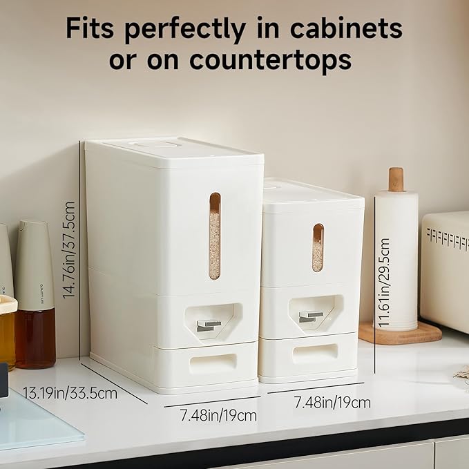 UFORU Rice Dispenser 12 Lbs (6kg), Dry Food Storage Container Sealed Moisture-Proof with Built-in Drawer for Kitchen Pantry Household, BPA-Free