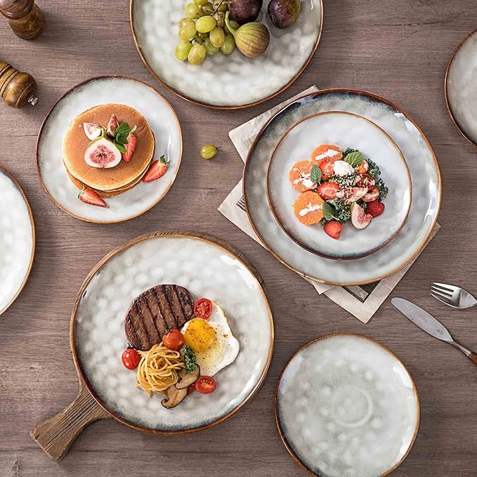 Henten Home Ceramic Dinner Plate Set, 11 Inch Porcelain Pizza, Pasta, Salad Plates, Irregular Shape Steak Plates Set of 4, Stoneware Serving Dishes for Kitchen (White)