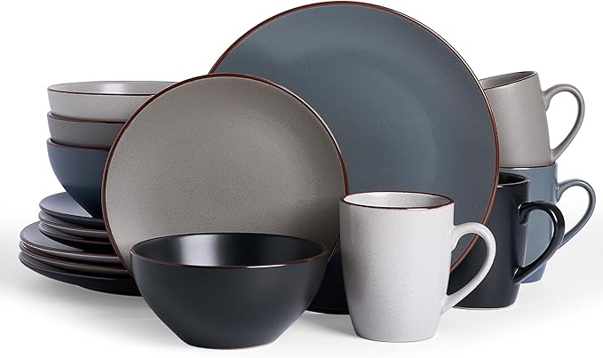 Famiware Venus 16-Piece Stoneware Dinnerware Sets with Mugs, Plates, Bowls, Service for 4, Matte Multicolor - Chip‑Resistant Dish Set for Everyday & Formal & Party Use, Microwave & Dishwasher Safe