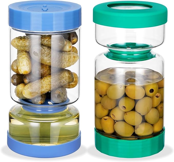 ZENS Pickle Jar with Strainer Flip, 37 oz Hourglass Pickle Juice Separator Container, Airtight Leakproof Lid, 2 Pack Pickling Jars for Olive, Jalapeno Container-Dual Wet-Dry Design