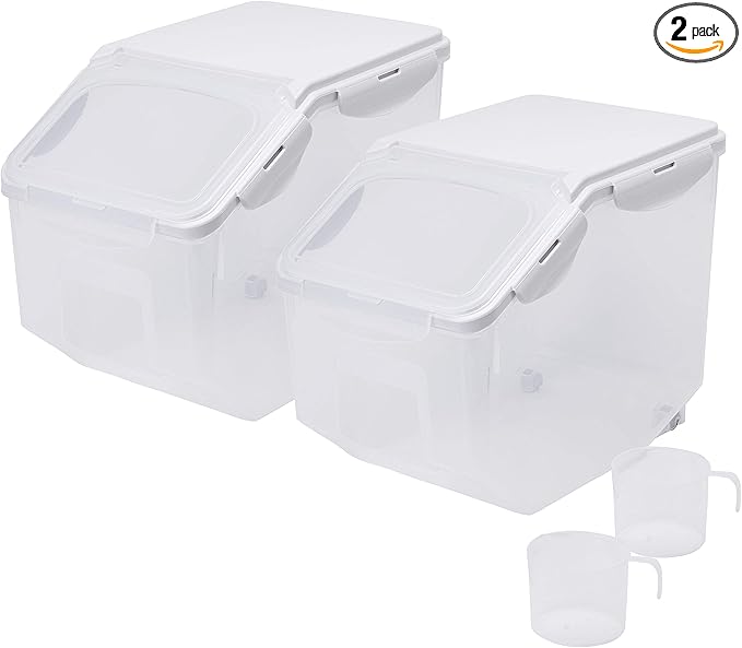 HANAMYA Food Storage Container with Measuring Cup, BPA free, 50-Cup, For Rice | Grain | Pet Food | Flour, 2 Set, Clear & Off White