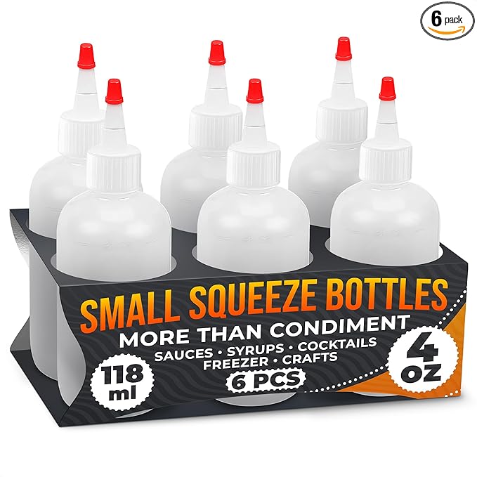 6-Pack Squeeze Bottles for Liquids 4 oz with Scale – No-Mess Dispensing | Clear Condiment Bottle Set for Sauces, Oil, Dressing, Syrup, Ketchup, Mustard & Cookie Decorating – Refillable Squirt Bottles