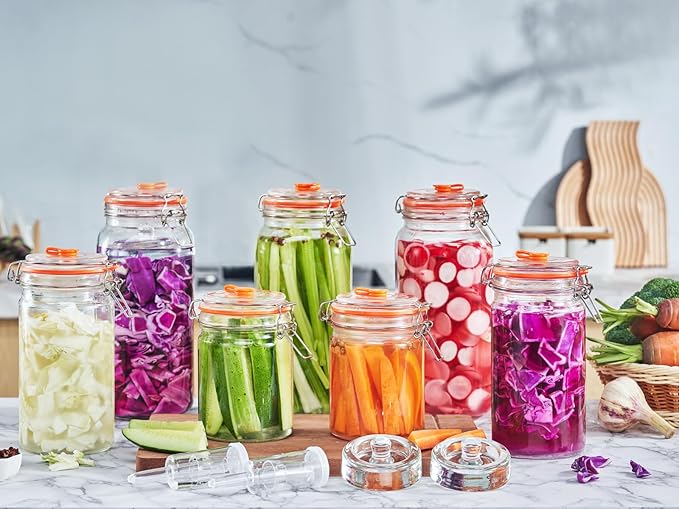 JILLMO Wide Mouth Glass Fermentation Jar with Airlock & Glass Weight, 2L (64oz) Fermenting Jar for Sauerkraut, Kimchi, Pickles & More,Pack of 2