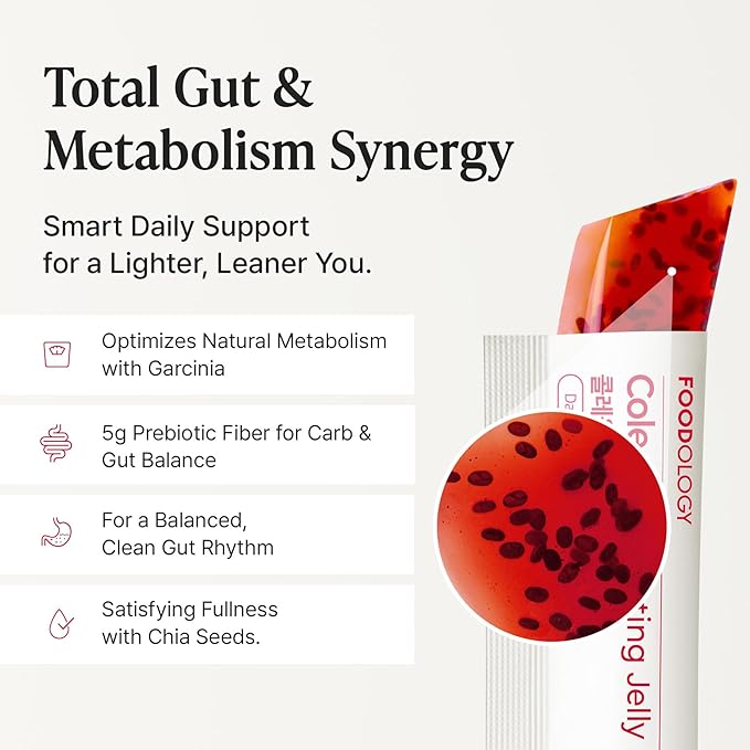 FOODOLOGY Coleology Cutting Stick Jelly (Pomegranate) – Dietary Fiber Supplement for Healthy Weight Management, Chia Seeds & Garcinia Cambogia, Korean Beauty with Collagen – 20 Sticks
