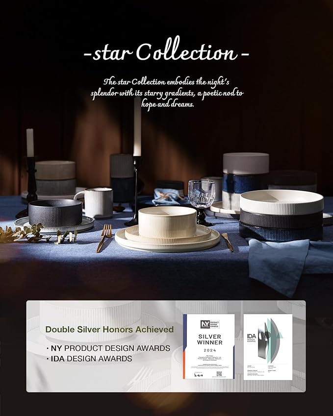 Famiware Star 12-Piece Stoneware Dinnerware Sets with Trim, Service for 4, Ceramic Plates and Bowls Set, Modern Rustic Dishes, Everyday/Formal, Chip/Scratch Resistant, Microwave/Dishwasher Safe, White