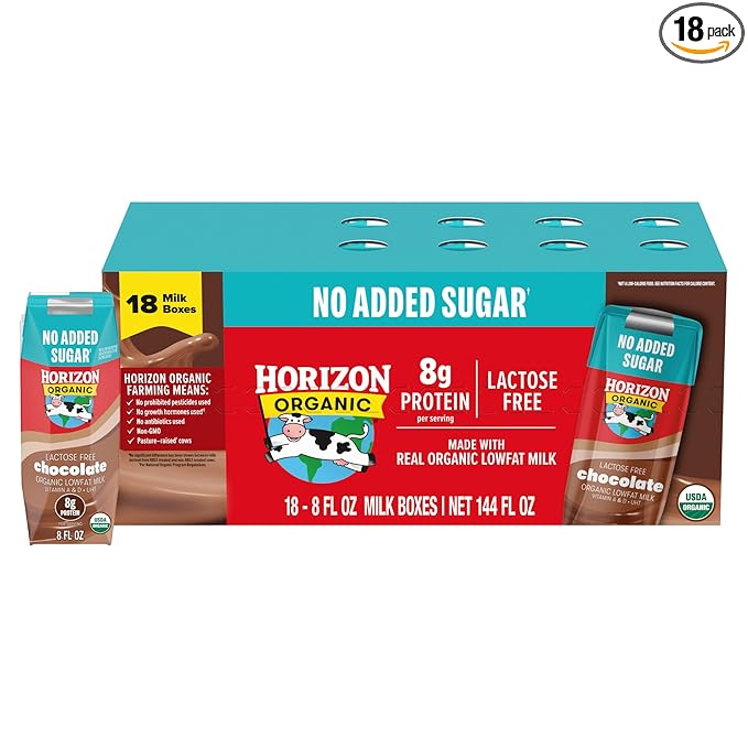 NEW Horizon Organic Shelf Stable No Added Sugar Lactose Free 1% Lowfat Chocolate Milk Boxes, Pack of 18-8g Protein per Serving