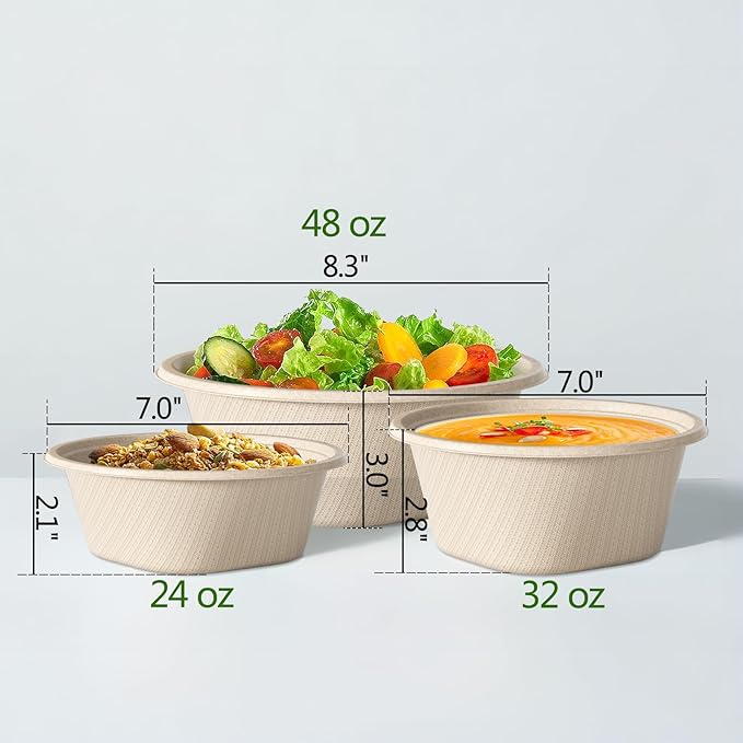 Homestockplus 48 Oz Disposable Bowls - Heavy Duty and Compostable Bowl - Made from Sugarcane and Bamboo Fibers, Microwave Safe - Large Paper Bowl for Soup, Salad, Ramen, Popcorn, etc. [50 Pack]