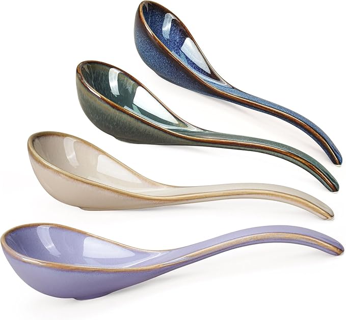 Artena Chinese Soup Spoons, Ceramic Asian Spoons with Deep Arc Anti-Roll Design, 6.85 Inch Set of 4, Perfect for Ramen, Pho, Wonton Soup as Japanese Soup Spoon, Korean Spoon (Soft Shades)