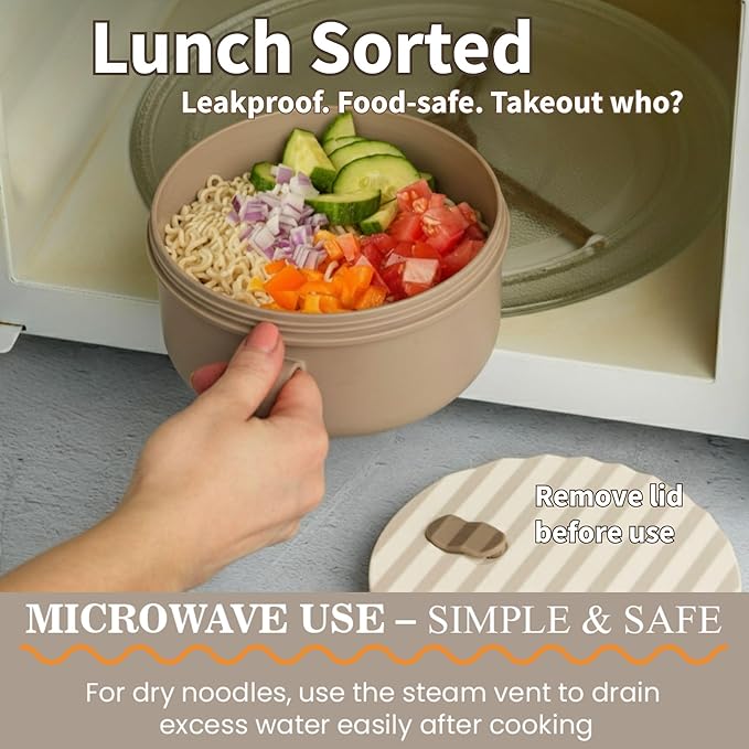 AI LOVE PEACE Ramen Bowl, 40 oz Microwaveable Noodle Cooker for Ramen, Pho, Soup, and Pasta, Dishwasher Safe and Portable, Ideal for Home, Office, Dorm, or Gift (Beige)