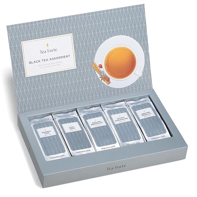 Tea Forte Single Steeps Loose Leaf Tea Sampler, Assorted Variety Tea Box, 15 Single Serve Pouches, Gifts for Mom, Black Tea