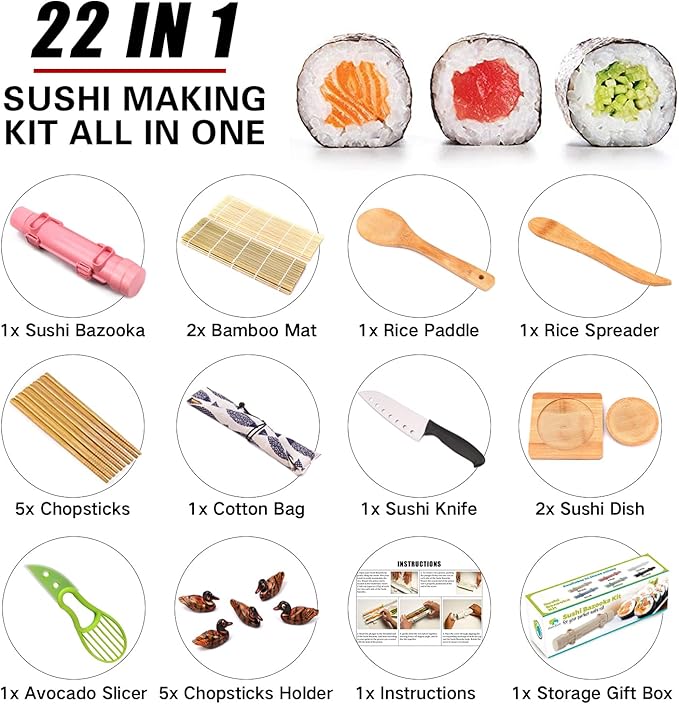 SmileTools Sushi Making Kit For Beginners - 22 Piece DIY Sushi Roller Kit with Bamboo Sushi Rolling Mat, Sushi Bazooka, Chef's Knife, Chopsticks, Holder - Best Starter Sushi Kit (Pink)
