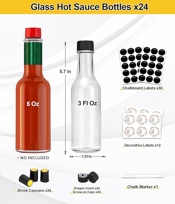 GMISUN Mini Hot Sauce Bottles 3 oz, 24 Pack Ginger Shot Bottles with Shrink Capsules, Glass Mini Wine Bottle with Label, for Kitchen Sauce Oil