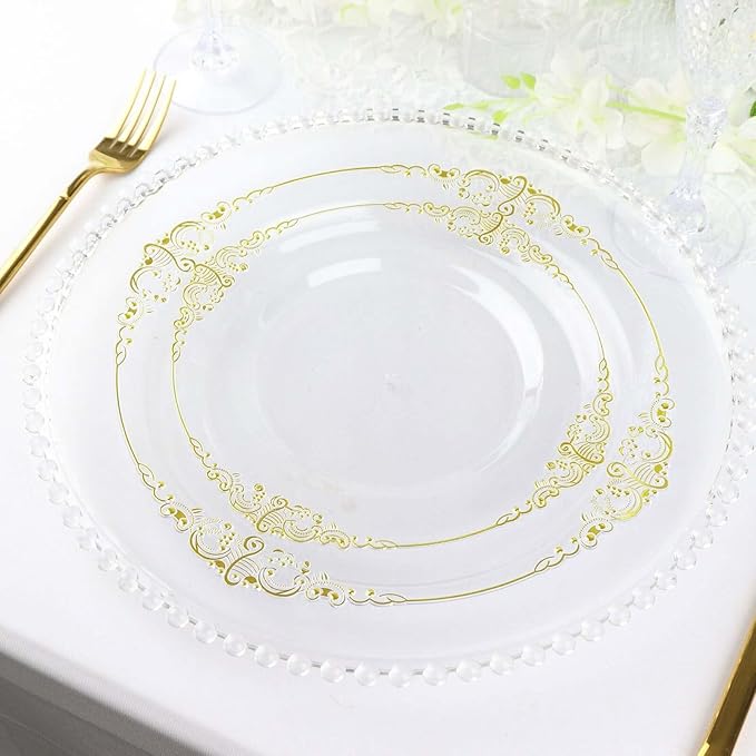 Efavormart 10 Pack | 10" Clear and Gold Baroque Dinner Plates, Leaf Embossed Metallic Rim Shatterproof Serving Plates for Modern Wedding Receptions