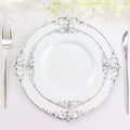 Efavormart 10 Pack | 8" White and Silver Baroque Dessert Plates, Leaf Embossed Metallic Rim Heavy Duty Appetizer Plates for Formal Tea Parties