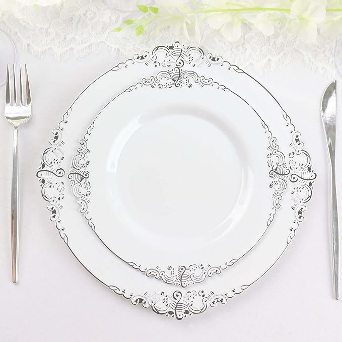 Efavormart 10 Pack | 8" White and Silver Baroque Dessert Plates, Leaf Embossed Metallic Rim Heavy Duty Appetizer Plates for Formal Tea Parties