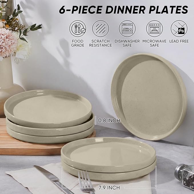 E-far 7.9 Inch Ceramic Dinner Plates, 6-Piece Stoneware Salad Plates with Raised Edges, Chip & Scratch Resistant | Microwave & Dishwasher Safe Dessert Dishes for Appetizer Salad, Speckled Khaki