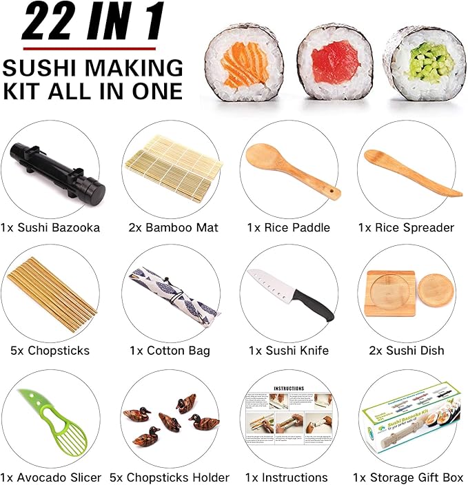 SmileTools Sushi Making Kit, 22pcs Roller Maker for Beginners With Guide Book, Bazooka, Knife, Mat, Avocado Slicer, Chopsticks, Sauce Dishes & More - Sushi Lover's Gift