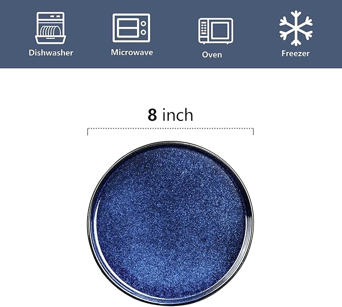 vicrays Ceramic Salad Plates Set - Porcelain 8 Inch Flat Dessert Appetizer Plate for Lunch Home Party Restaurant - Scratch Resistant Microwave Oven and Dishwasher Safe - Set of 6 (Blue)