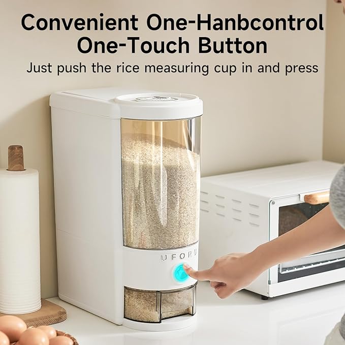 UFORU Rice Dispenser 20 lbs | Large Rice Storage Container for Kitchen&Pantry - Space-saving, Moisture & Pest-proof, BPA-Free - Dry Food Dispenser with One-Touch Dispenser & Measuring Cup for Families