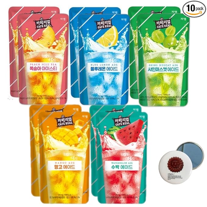 Korean Covenienve Store Drink Pouch Sampler Set - 5 PACK 10 PACK (mango, watermelon, blue lemonade, peach ice tea, shine muscat) + dalgaru yakgwa mirror (ADE 10 PACK)