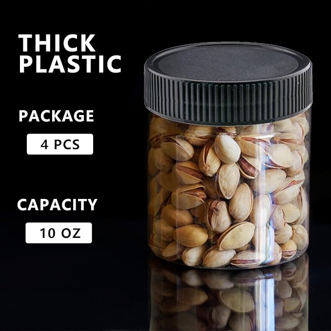 4 Pack Plastic Jars with Lids, 10 oz Clear Storage Container, Leakproof Plastic Mason Jars for Storing Dry Food, Coffee, Nuts and More