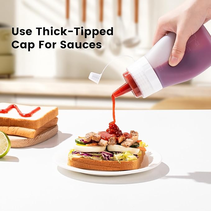 Mrsdry Condiment Squeeze Bottles, 12 oz Silicone Squeeze Bottles For Sauces, Leak Proof Condiment Containers with Extra Interchangeable lid, Easy Squeeze for Oil, Honey & Dressings, BPA FREE (4 Pack)