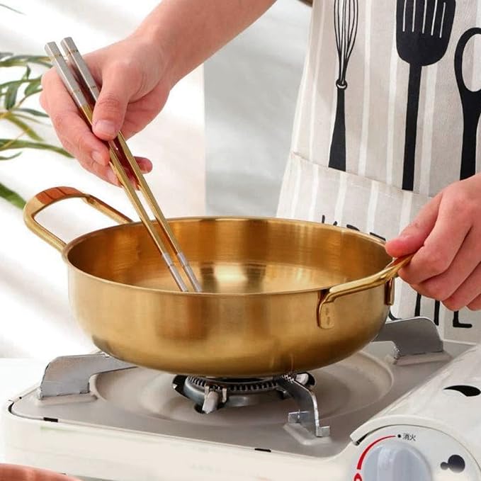 Korean Ramen Noodle Pot, Stainless Steel Golden Ramen Cooker with Handles, Portable Kitchen Cooking Pot for Kitchen Outdoor Cooking (18CM)