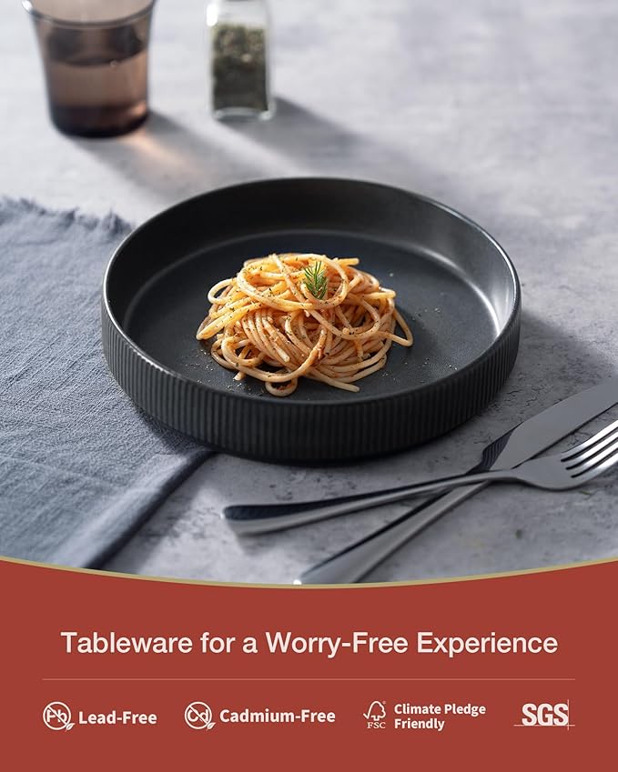famiware Star 7.5" Pasta Bowls Set, Salad Bowl Set of 8, Double Reactive Glaze, Stackable, Ideal for Your Friend for Housewarming, Festivals, Matte Dark Charcoal (Full Glaze)