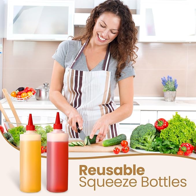 Irenare 30 Pack Plastic Condiment Squeeze Bottles for Sauces Empty Squirt Bottle with Top Cap for Condiment BBQ, Dressing, Paint, Workshop, Crafts(Classic,16 oz)