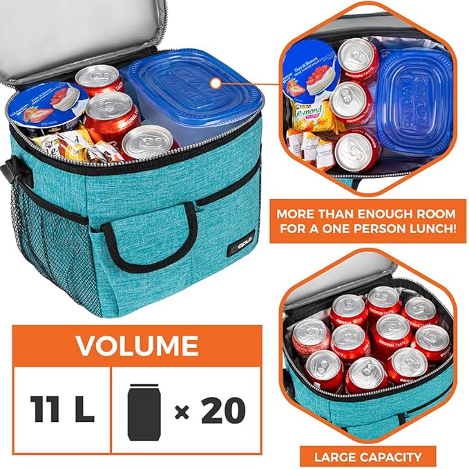 opux Insulated Lunch Box for Men Women Kids, Leakproof Reusable Lunch Bag Cooler for Work School Office, Soft Thermal Lunchbox Tote Shoulder Strap for Boys Girls Adults, Heather Sea Blue, 18 Can/10L