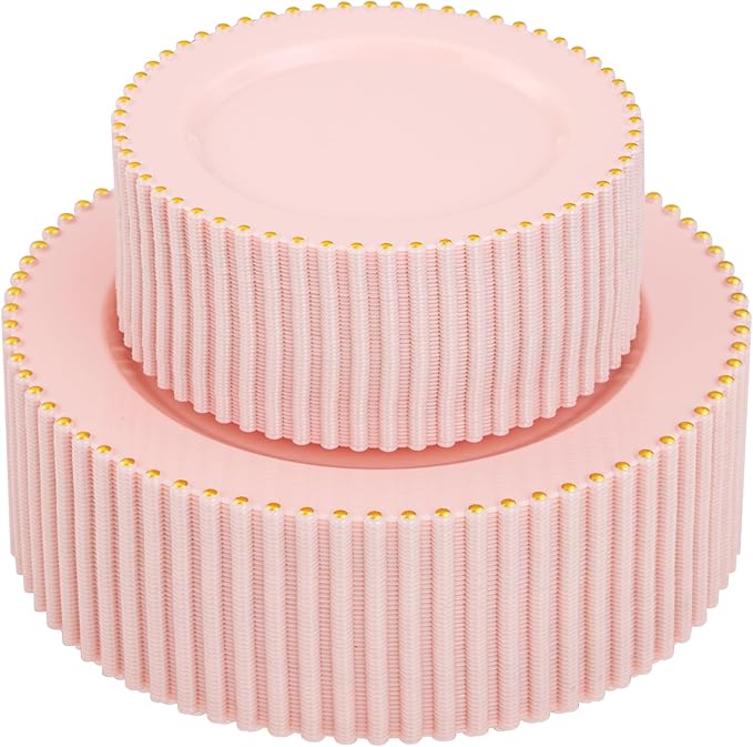 supernal 100pcs Pink Plastic Plates with Gold Beads Plates Disposable Heavy Duty Valentine's Day Decorations Includes 10 inch Dinner Plate and 7 inch Dessert Disposable Plate for Party,Wedding