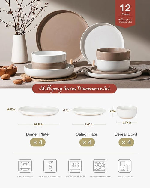 Famiware Milkyway Plates and Bowls Sets, 12 Pieces Stoneware Dinnerware Sets, Dishes Set for 4, White & Cinnamon Brown