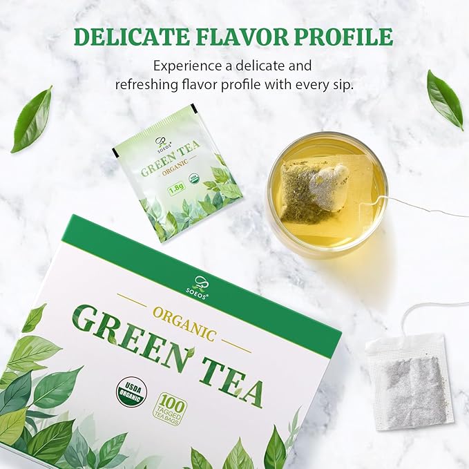 Soeos Organic Green Tea, 100 Tea Bags (Pack of 1), Caffeinated, Fresh and Healthy Green Tea, 6.3 Ounce