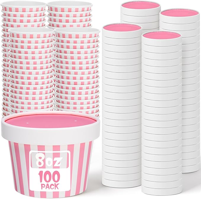 Fulmoon 100 Pack Paper Soup Containers with Lids Disposable Paper Food Containers with Vented Lid Kraft Ice Cream Cake Dessert Cups Soup Bowl for Party Hot Food Fruit Microwave(8 oz,Pink)